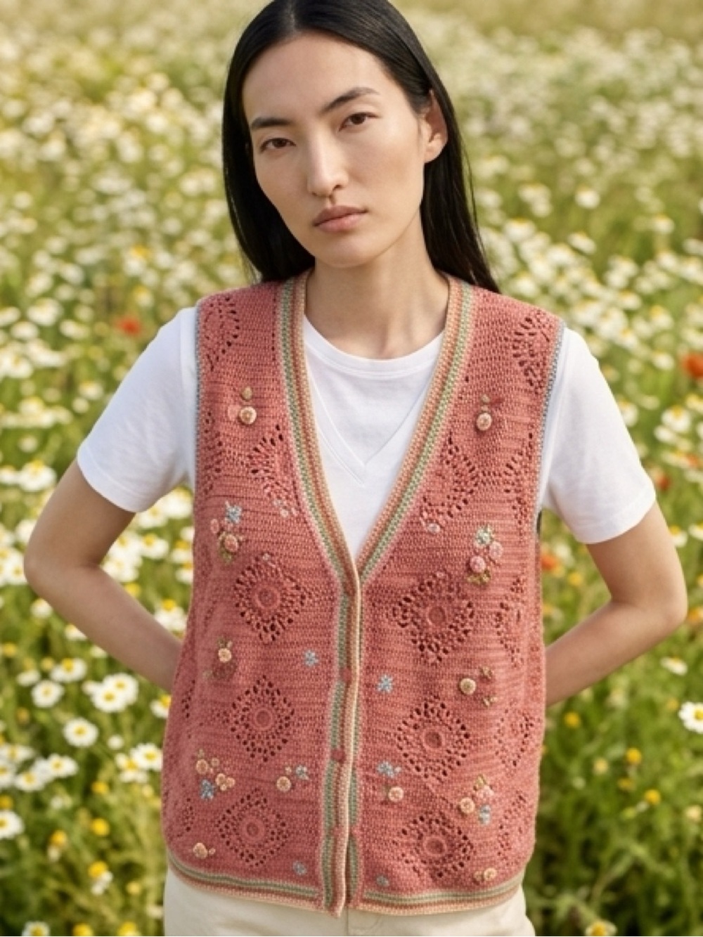 Portraits Crocheted Floral Vest in Dusty Rose